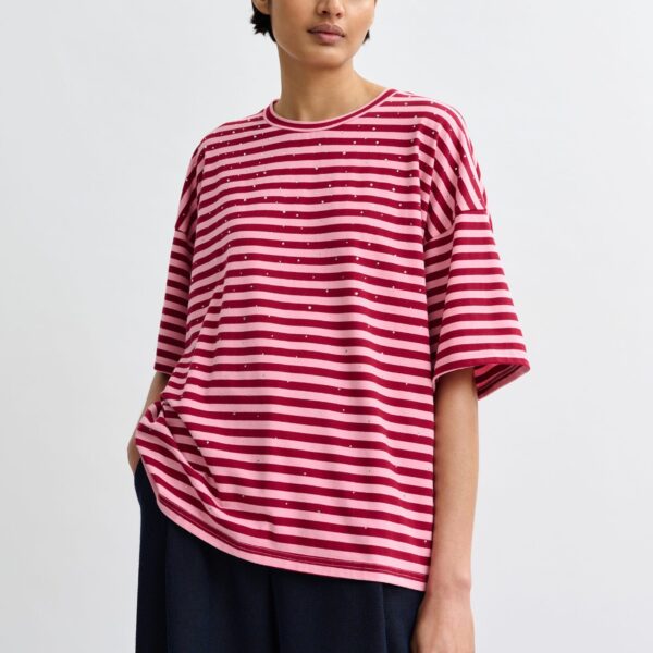Essentiel Antwerp Pink and burgundy striped rhinestone-embellished oversized cotton T-shirt Top, view 2