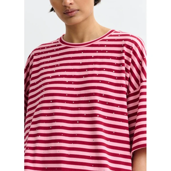 Essentiel Antwerp Pink and burgundy striped rhinestone-embellished oversized cotton T-shirt - Essentiel Antwerp Shirts - Colorful Belgian Design - Shop at Luxury Shoes 