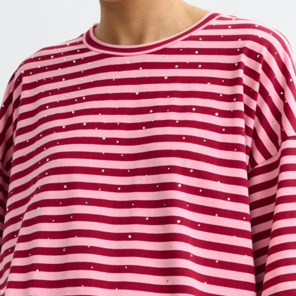 Essentiel Antwerp Pink and burgundy striped rhinestone-embellished oversized cotton T-shirt Top, view 3
