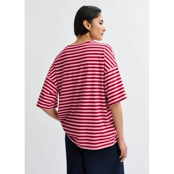 Essentiel Antwerp Pink and burgundy striped rhinestone-embellished oversized cotton T-shirt - Essentiel Antwerp Shirts - Colorful Belgian Design - Shop at Luxury Shoes 