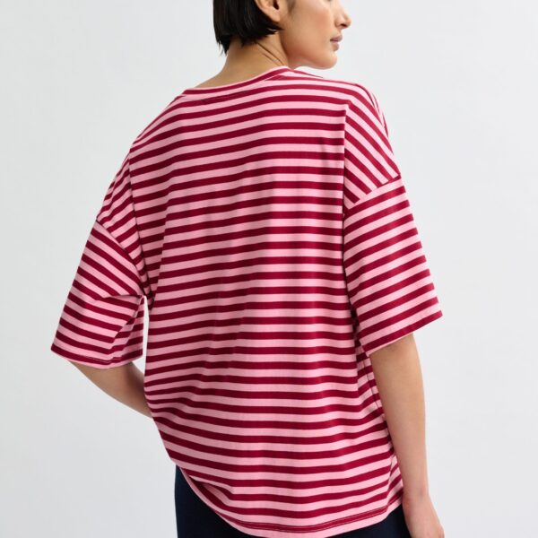 Essentiel Antwerp Pink and burgundy striped rhinestone-embellished oversized cotton T-shirt Top, view 4