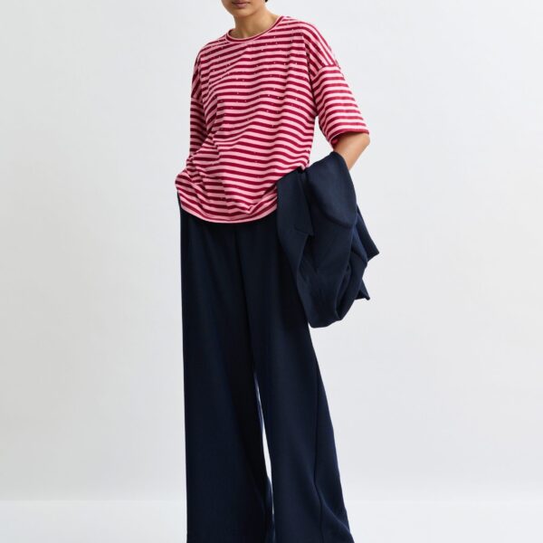 Essentiel Antwerp Pink and burgundy striped rhinestone-embellished oversized cotton T-shirt Top, view 5