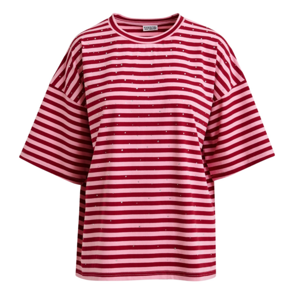 Essentiel Antwerp Pink and burgundy striped rhinestone-embellished oversized cotton T-shirt Top