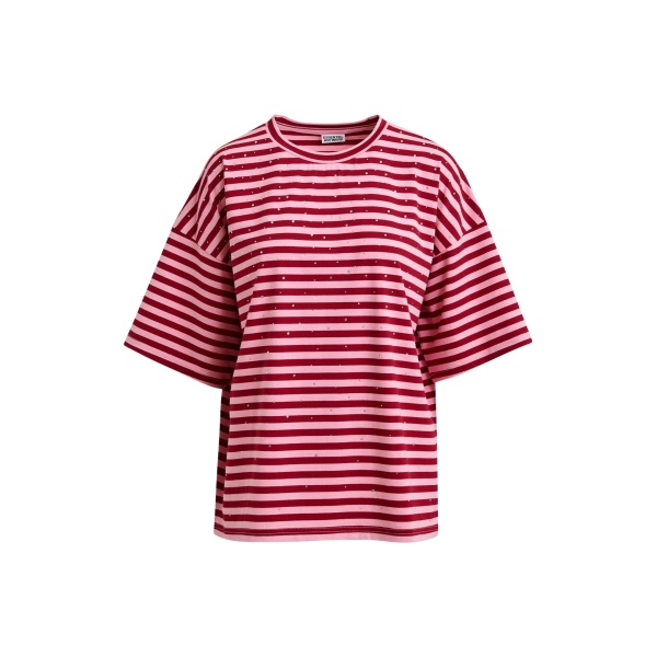 Essentiel Antwerp Pink and burgundy striped rhinestone-embellished oversized cotton T-shirt - Essentiel Antwerp Shirts - Colorful Belgian Design - Shop at Luxury Shoes 