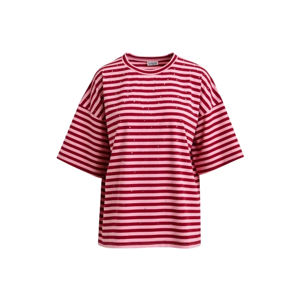 Essentiel Antwerp Pink and burgundy striped rhinestone-embellished oversized cotton T-shirt - Essentiel Antwerp Shirts - Colorful Belgian Design - Shop at Luxury Shoes 