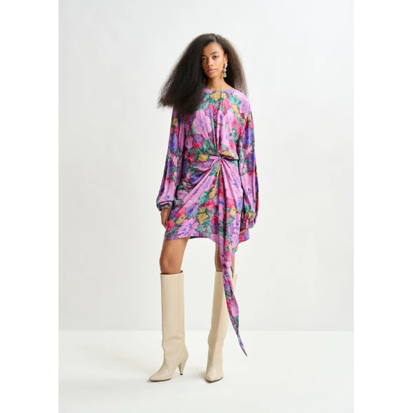 Essentiel Antwerp Purple and multicolor gathered mini dress with draped skirt - Essentiel Antwerp Dresses - Colorful Belgian Design - Shop at Luxury Shoes 