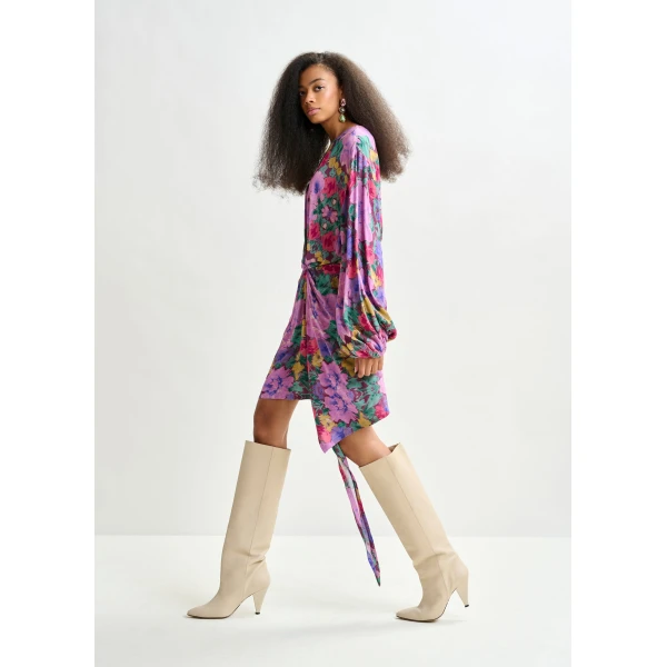 Essentiel Antwerp Purple and multicolor gathered mini dress with draped skirt - Essentiel Antwerp Dresses - Colorful Belgian Design - Shop at Luxury Shoes 
