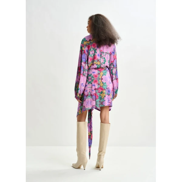 Essentiel Antwerp Purple and multicolor gathered mini dress with draped skirt - Essentiel Antwerp Dresses - Colorful Belgian Design - Shop at Luxury Shoes 
