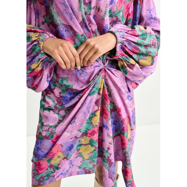 Essentiel Antwerp Purple and multicolor gathered mini dress with draped skirt - Essentiel Antwerp Dresses - Colorful Belgian Design - Shop at Luxury Shoes 