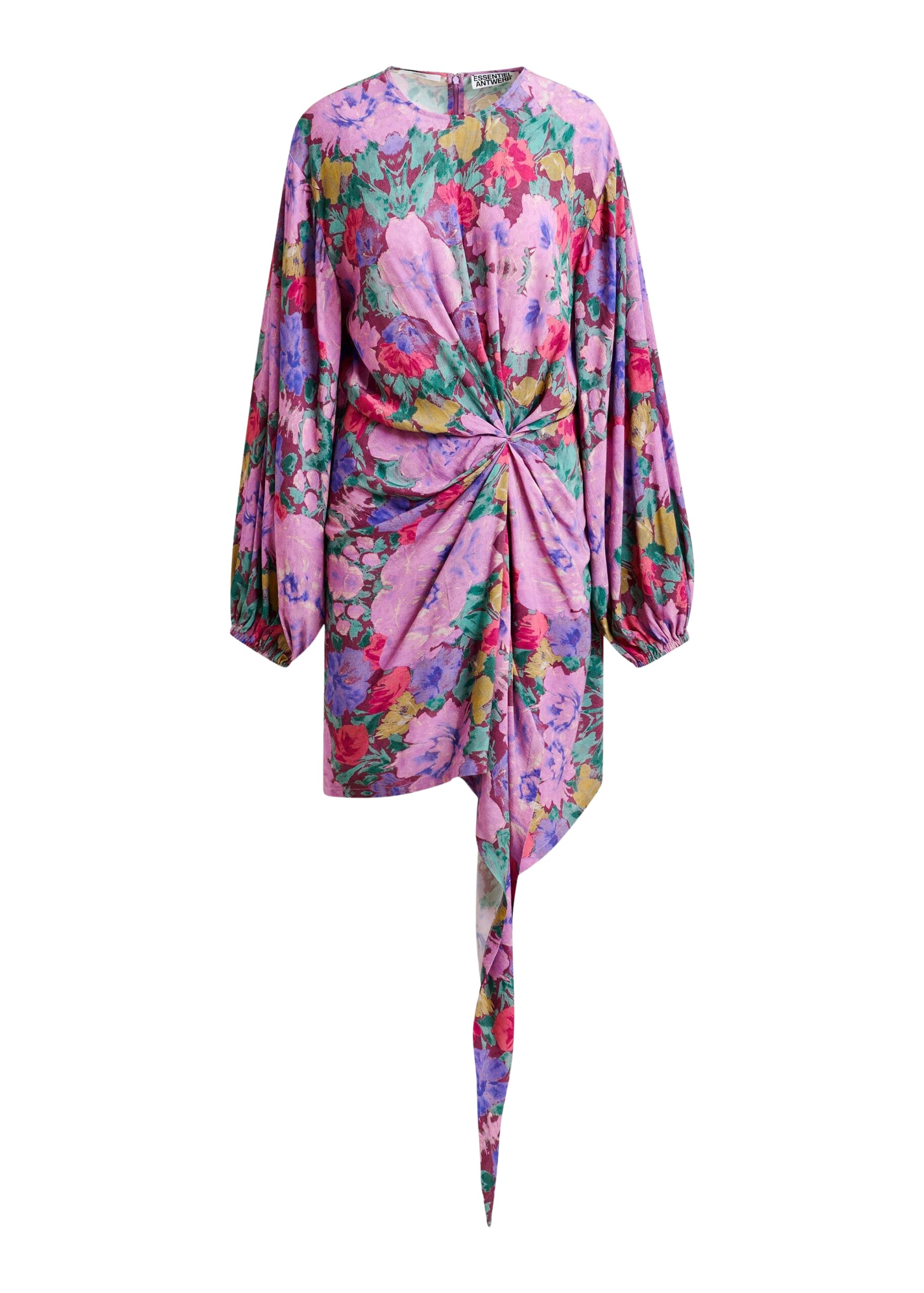 Essentiel Antwerp Purple and multicolor gathered mini dress with draped skirt