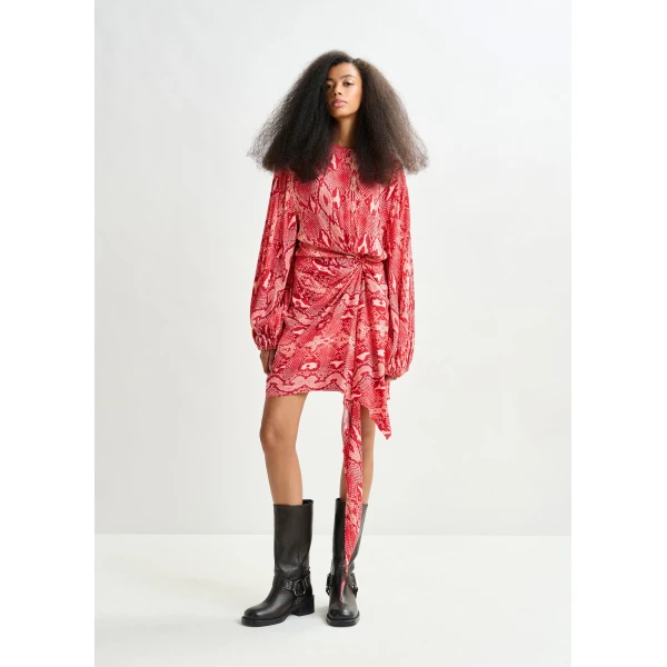 Essentiel Antwerp Red and orange gathered mini dress with draped skirt - Essentiel Antwerp Dresses - Colorful Belgian Design - Shop at Luxury Shoes 