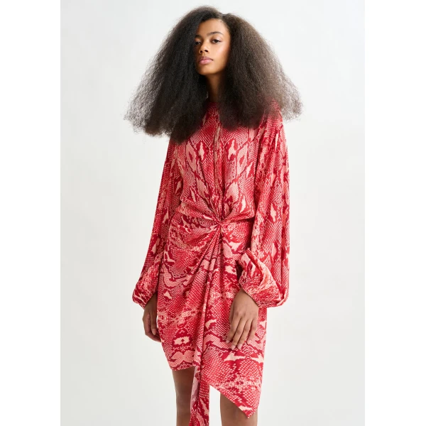 Essentiel Antwerp Red and orange gathered mini dress with draped skirt - Essentiel Antwerp Dresses - Colorful Belgian Design - Shop at Luxury Shoes 