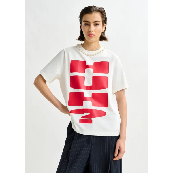 Essentiel Antwerp Red and white cotton T-shirt with "HUH?"- print and bead embellishments - Essentiel Antwerp Shirts - Colorful Belgian Design - Shop at Luxury Shoes 
