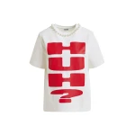 Essentiel Antwerp Red and white cotton T-shirt with "HUH?"- print and bead embellishments - Essentiel Antwerp Shirts - Colorful Belgian Design - Shop at Luxury Shoes 