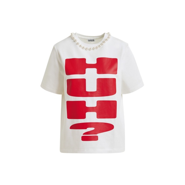 Essentiel Antwerp Red and white cotton T-shirt with "HUH?"- print and bead embellishments - Essentiel Antwerp Shirts - Colorful Belgian Design - Shop at Luxury Shoes 