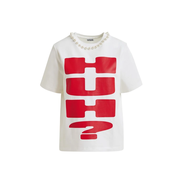 Essentiel Antwerp Red and white cotton T-shirt with "HUH?"- print and bead embellishments - Essentiel Antwerp Shirts - Colorful Belgian Design - Shop at Luxury Shoes 