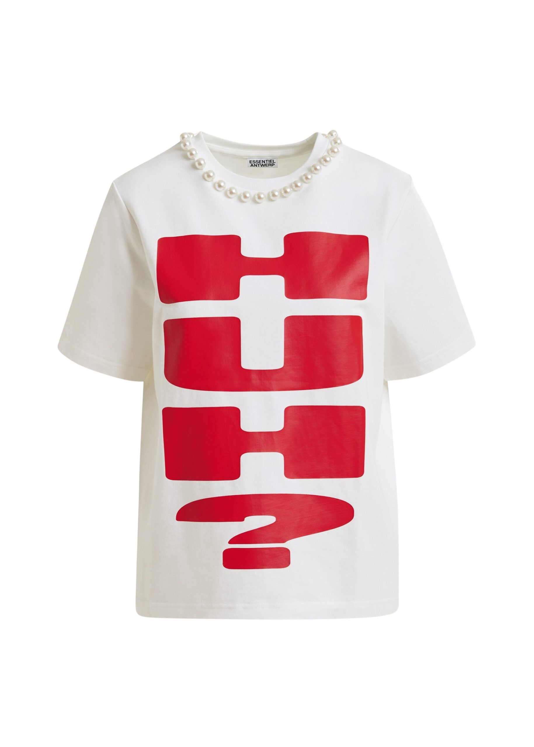 Essentiel Antwerp Red and white cotton T-shirt with “HUH?”- print and bead embellishments Top
