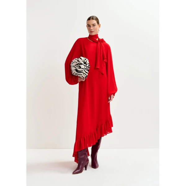 Essentiel Antwerp Red asymmetrical ruffle-hem maxi dress with pussy-bow tie - Essentiel Antwerp Dresses - Colorful Belgian Design - Shop at Luxury Shoes 