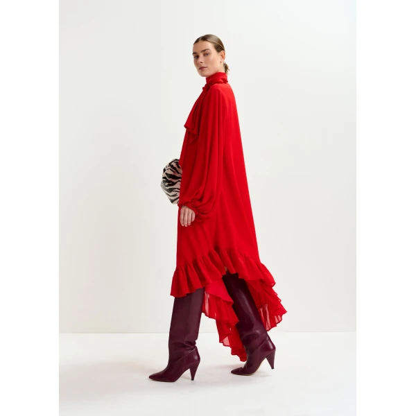 Essentiel Antwerp Red asymmetrical ruffle-hem maxi dress with pussy-bow tie - Essentiel Antwerp Dresses - Colorful Belgian Design - Shop at Luxury Shoes 