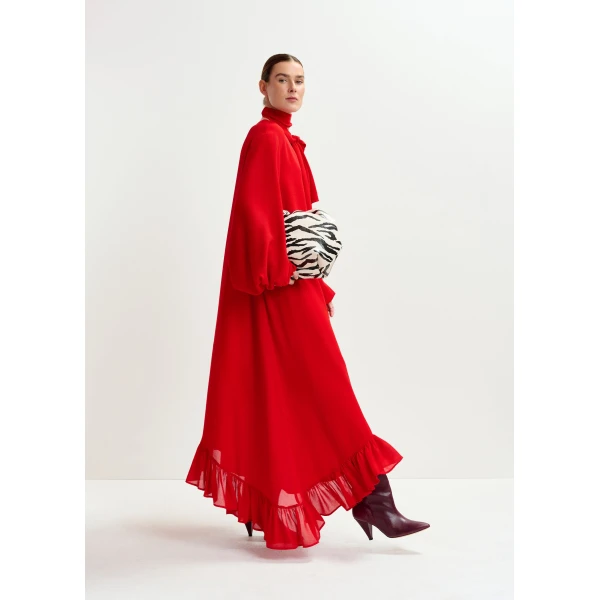 Essentiel Antwerp Red asymmetrical ruffle-hem maxi dress with pussy-bow tie - Essentiel Antwerp Dresses - Colorful Belgian Design - Shop at Luxury Shoes 