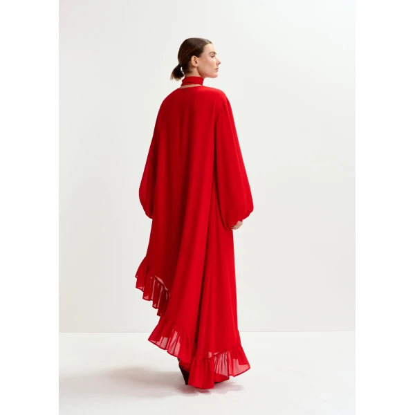 Essentiel Antwerp Red asymmetrical ruffle-hem maxi dress with pussy-bow tie - Essentiel Antwerp Dresses - Colorful Belgian Design - Shop at Luxury Shoes 