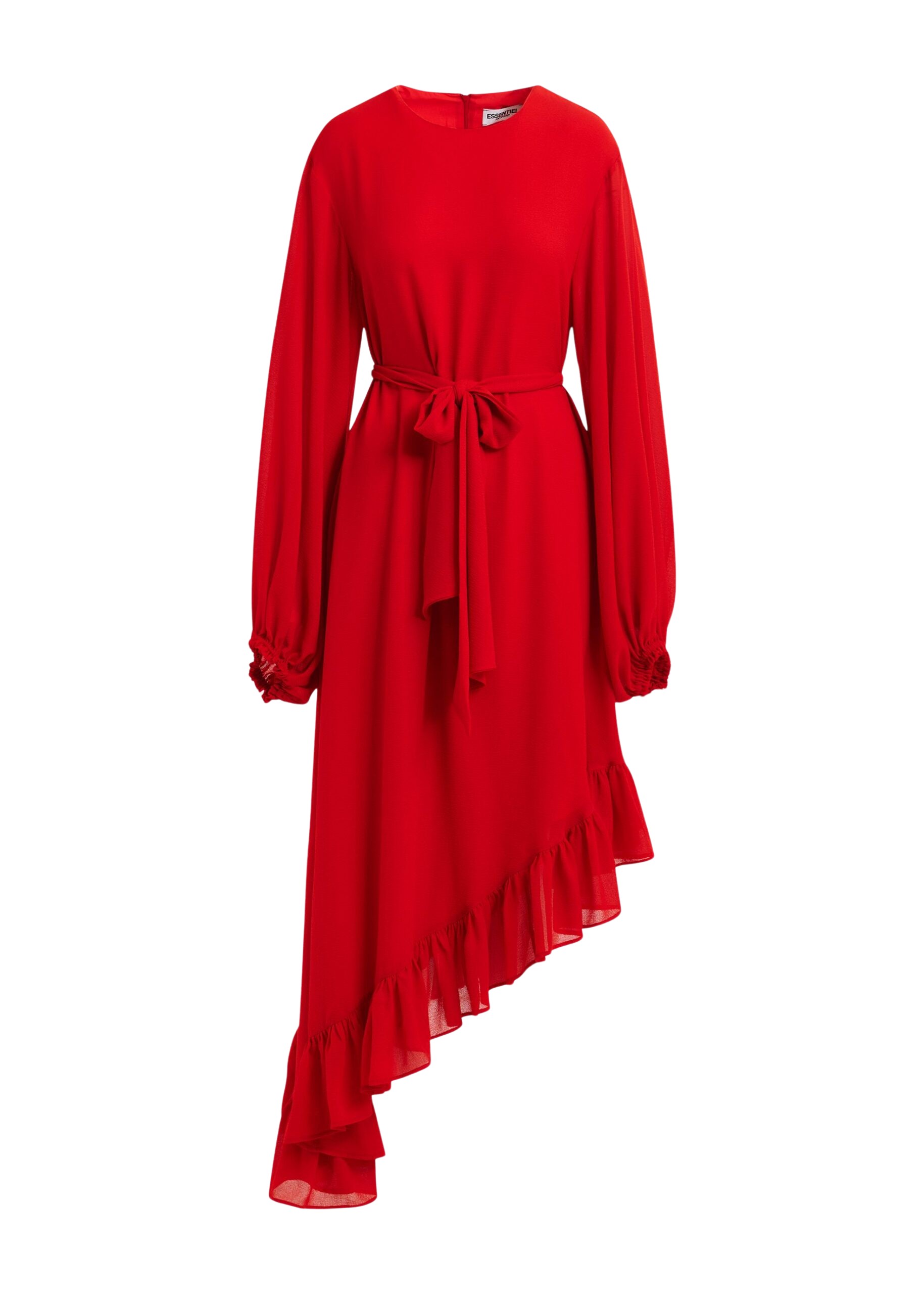 Essentiel Antwerp Red asymmetrical ruffle-hem maxi dress with pussy-bow tie