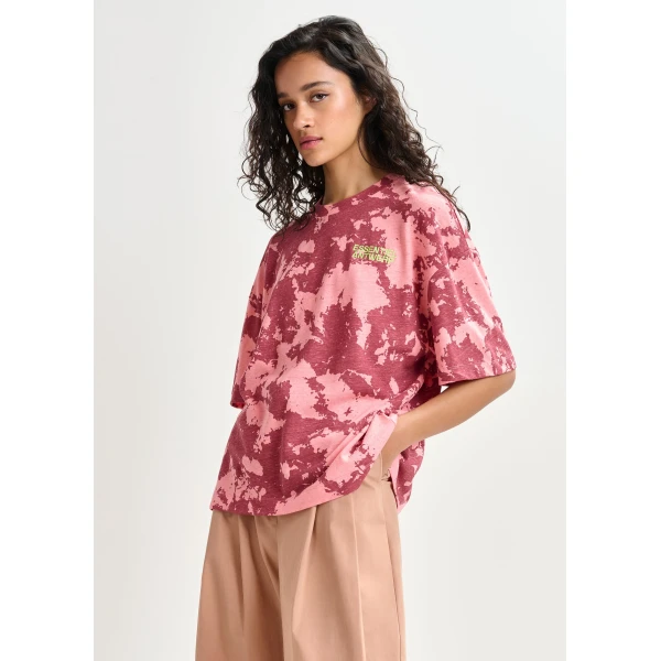 pink and yellow oversized cotton-linen blend T-shirt with embroidery - Essentiel Antwerp Shirts - Colorful Belgian Design - Shop at Luxury Shoes 