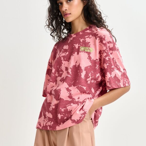 Essentiel Antwerp Red, pink and yellow oversized cotton-linen blend T-shirt with embroidery Top, view 2