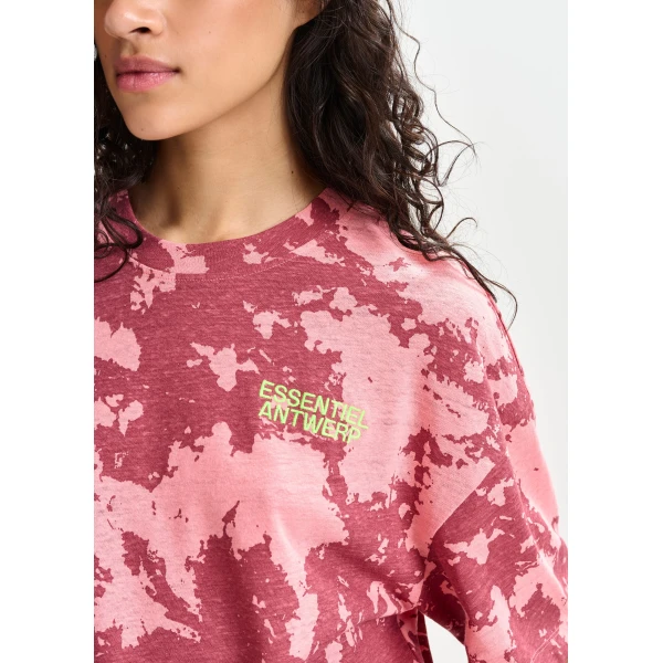 pink and yellow oversized cotton-linen blend T-shirt with embroidery - Essentiel Antwerp Shirts - Colorful Belgian Design - Shop at Luxury Shoes 