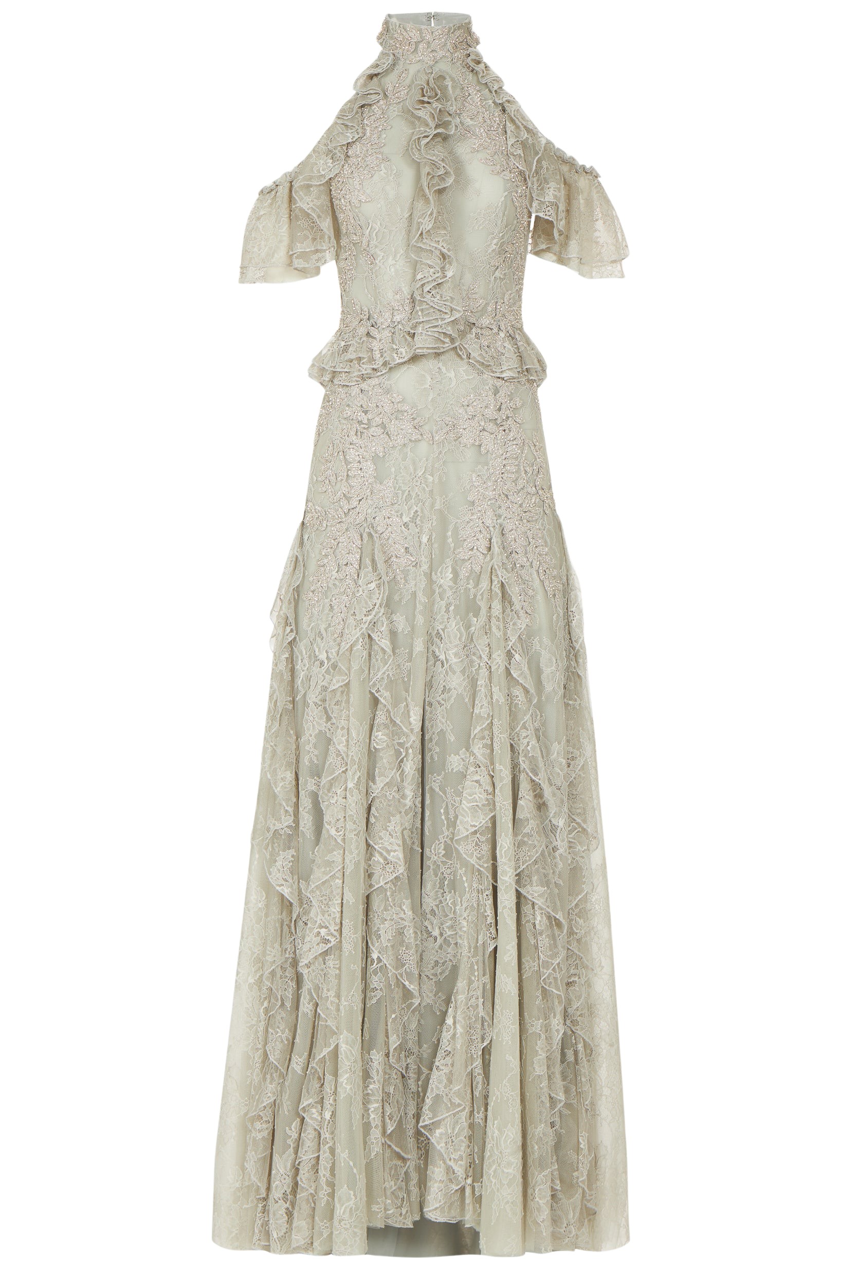 Costarellos Rhodine Lace Cold-Shoulder Gown