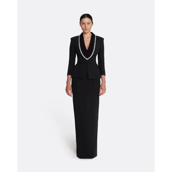 Safiyaa Adelina Top in Black with Greyscale - Safiyaa Tops - Heavy Crepe Cape Gown - Shop at Luxury Shoes 