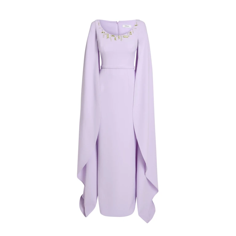 Safiyaa Agata Long Dress in Verbena with Gold - Safiyaa Dresses - Heavy Crepe Cape Gown - Shop at Luxury Shoes 