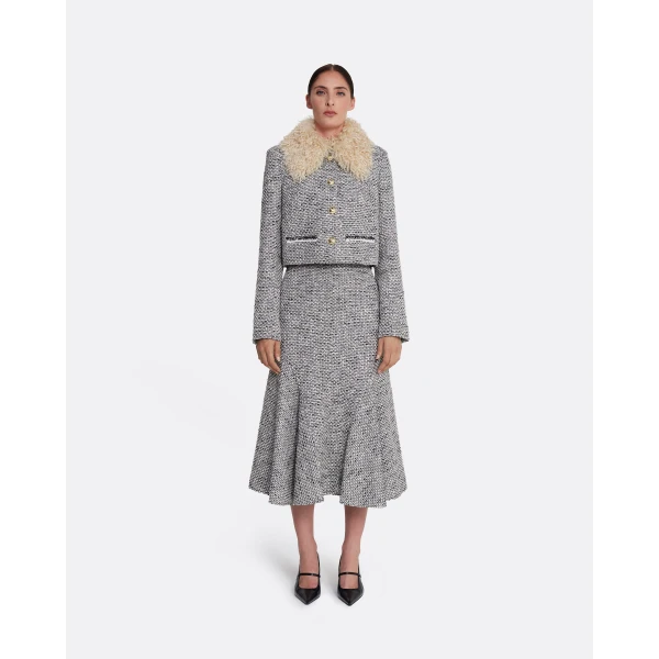 Safiyaa Annalisa Jacket in Stone on Greyscale - Safiyaa Jackets - Heavy Crepe Cape Gown - Shop at Luxury Shoes 