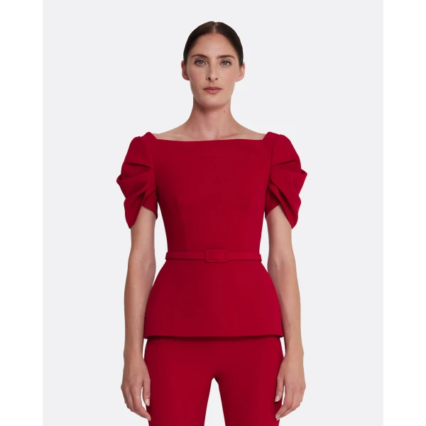 Safiyaa Ivana Top & Bertha Belt in Azalea Red - Safiyaa Tops - Heavy Crepe Cape Gown - Shop at Luxury Shoes 