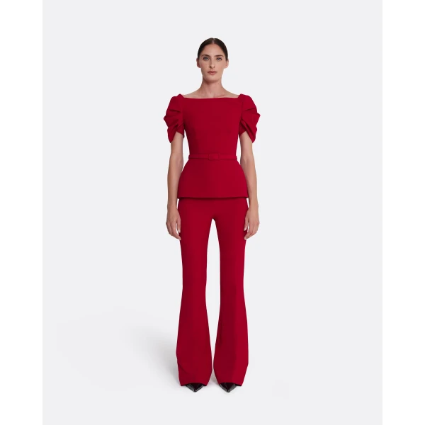 Safiyaa Ivana Top & Bertha Belt in Azalea Red - Safiyaa Tops - Heavy Crepe Cape Gown - Shop at Luxury Shoes 