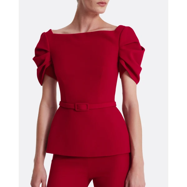 Safiyaa Ivana Top & Bertha Belt in Azalea Red - Safiyaa Tops - Heavy Crepe Cape Gown - Shop at Luxury Shoes 