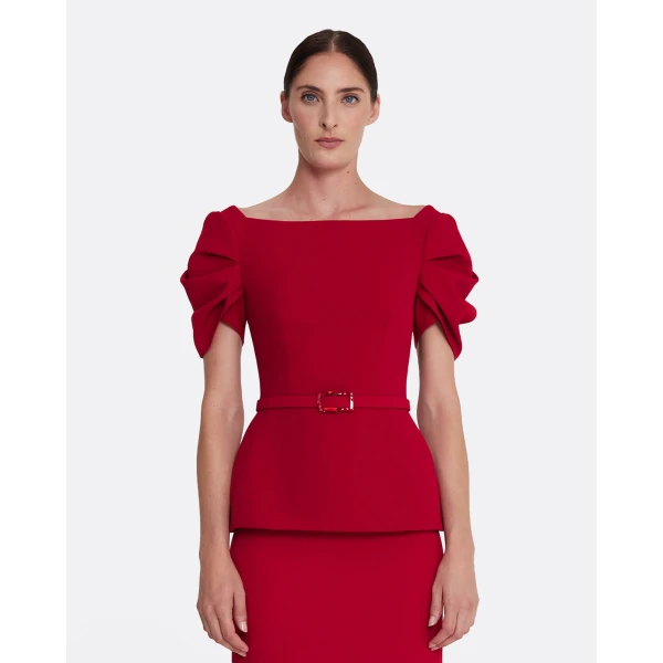 Safiyaa Ivana Top & Bertha Belt in Azalea Red with Multi-reds - Safiyaa Tops - Heavy Crepe Cape Gown - Shop at Luxury Shoes 