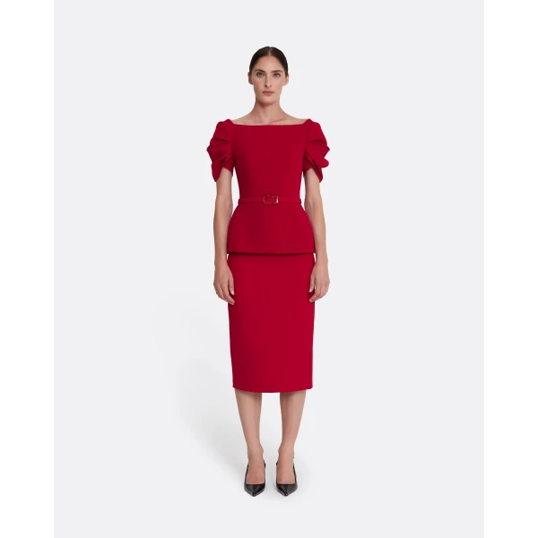 Safiyaa Ivana Top & Bertha Belt in Azalea Red with Multi-reds - Safiyaa Tops - Heavy Crepe Cape Gown - Shop at Luxury Shoes 