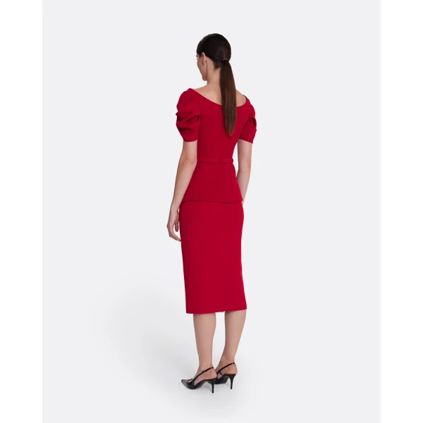 Safiyaa Ivana Top & Bertha Belt in Azalea Red with Multi-reds - Safiyaa Tops - Heavy Crepe Cape Gown - Shop at Luxury Shoes 