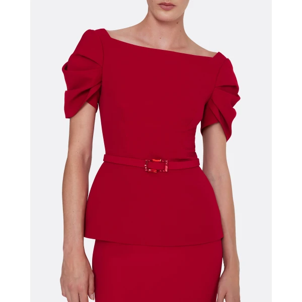 Safiyaa Ivana Top & Bertha Belt in Azalea Red with Multi-reds - Safiyaa Tops - Heavy Crepe Cape Gown - Shop at Luxury Shoes 
