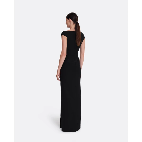 Safiyaa Lucrezia Long Dress in Black with Smoke/crystal - Safiyaa Dresses - Heavy Crepe Cape Gown - Shop at Luxury Shoes 