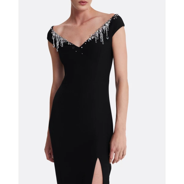 Safiyaa Lucrezia Long Dress in Black with Smoke/crystal - Safiyaa Dresses - Heavy Crepe Cape Gown - Shop at Luxury Shoes 