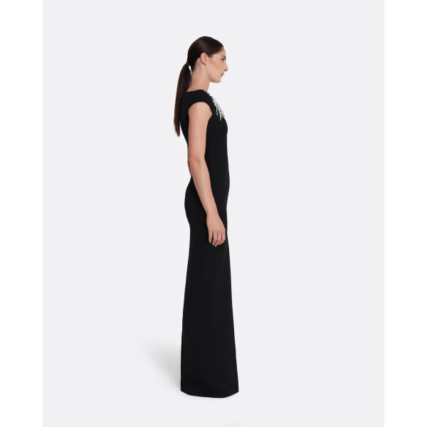 Safiyaa Lucrezia Long Dress in Black with Smoke/crystal - Safiyaa Dresses - Heavy Crepe Cape Gown - Shop at Luxury Shoes 