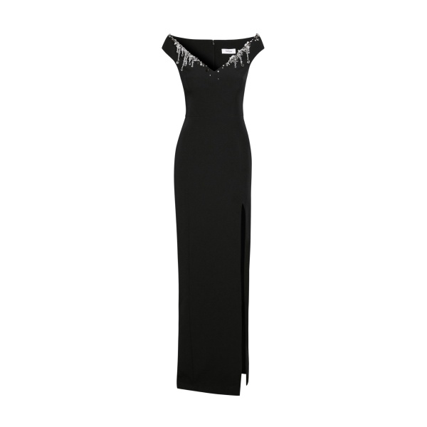 Safiyaa Lucrezia Long Dress in Black with Smoke/crystal - Safiyaa Dresses - Heavy Crepe Cape Gown - Shop at Luxury Shoes 