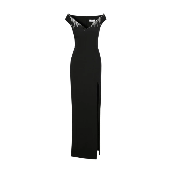 Safiyaa Lucrezia Long Dress in Black with Smoke/crystal - Safiyaa Dresses - Heavy Crepe Cape Gown - Shop at Luxury Shoes 