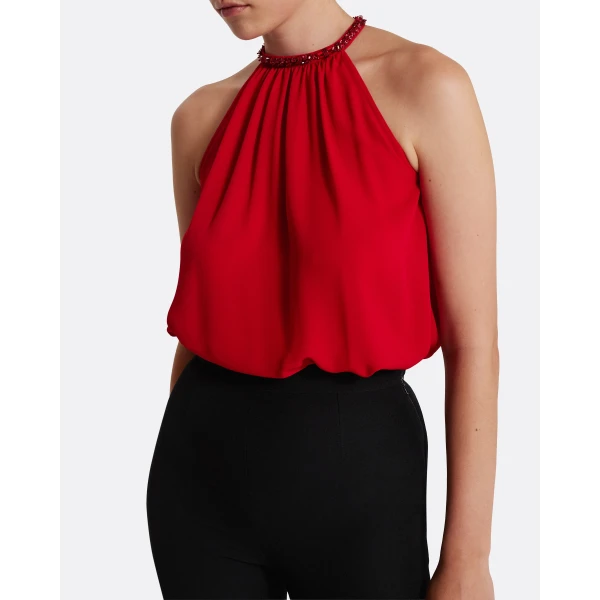 Safiyaa Lunetta Top in Azalea Red with Multi-reds - Safiyaa Tops - Heavy Crepe Cape Gown - Shop at Luxury Shoes 