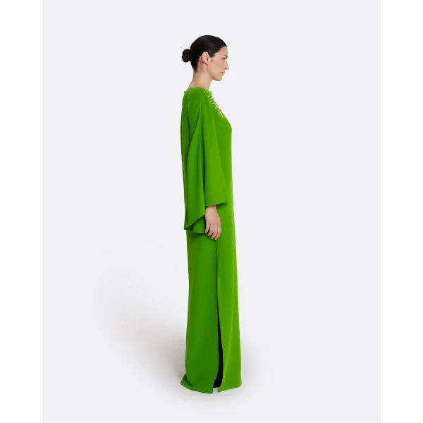 Safiyaa Marcellina Long Dress in Verdant Green with Multi-greens - Safiyaa Dresses - Heavy Crepe Cape Gown - Shop at Luxury Shoes 