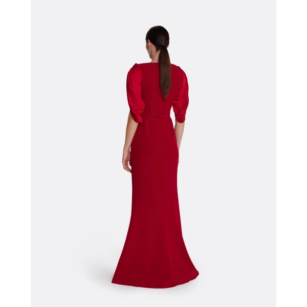 Safiyaa Mariah Long Dress in Cherry Red on Azalea with Multi-blues - Safiyaa Dresses - Heavy Crepe Cape Gown - Shop at Luxury Shoes 