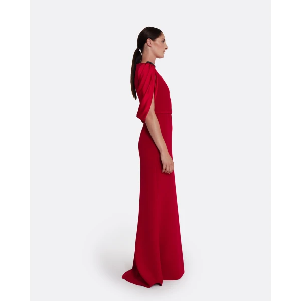 Safiyaa Mariah Long Dress in Cherry Red on Azalea with Multi-blues - Safiyaa Dresses - Heavy Crepe Cape Gown - Shop at Luxury Shoes 