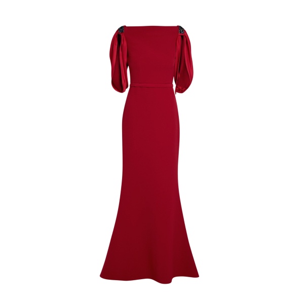 Safiyaa Mariah Long Dress in Cherry Red on Azalea with Multi-blues - Safiyaa Dresses - Heavy Crepe Cape Gown - Shop at Luxury Shoes 